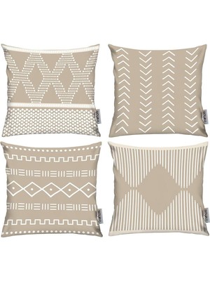Kare 4'lü Kırlent Kılıfı, 43X43, Modern, Bohem, Iskandinav Tarzı, Krem ve Vizon Renkli