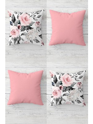 Gül Buketi Desenli ve Düz Kırlent Kılıfı Takımı, Gizli Fermuarlı, Beyaz-Pembe (4 Adet)