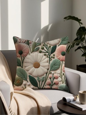 Renkli Nakış Desenli Dijital Baskılı 43X43 cm Dekoratif Yastık