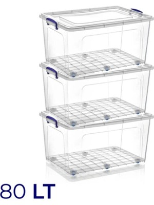 Yıkanabilir Tekerlekli Kilitli Saklama Kutusu 80 Litre 3 Adet Tekerlekli Saklama Kabı Tr 3 Plastik