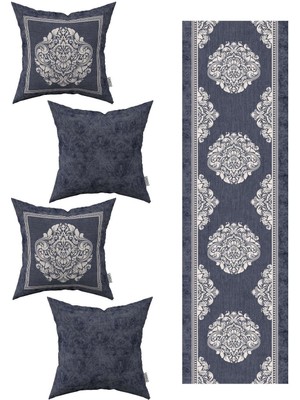 Mavi Beyaz Damask Desenli 4'lü Kırlent ve Runner Seti, Şık Dekorasyon Parçası