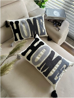 Nakışlı 2'li Kırlent Kılıfı, Krem, Bej, Siyah, Füme, Gri Renk Seçenekleri