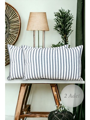 Şık 2'li Gri Çizgili Pamuklu Dekoratif Yastık Kılıfı 30X50 cm
