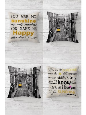 Sarı-Gri Love ve Troleybüs Mesajlı Gizli Fermuarlı Kırlent Kılıf Takımı (4 Adet)