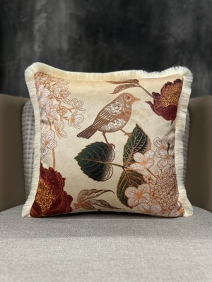 Ithal Ipek Kadife Krem Kuşlu Püsküllü Kırlent Kılıfı, Çift Taraflı Desen