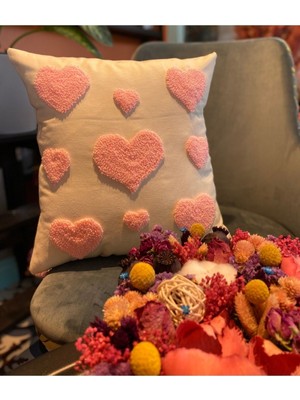 Pembe Punch Işlemeli Keten Kırlent Yastık Kılıfı, Şık ve Rahat Dekorasyon Parçası