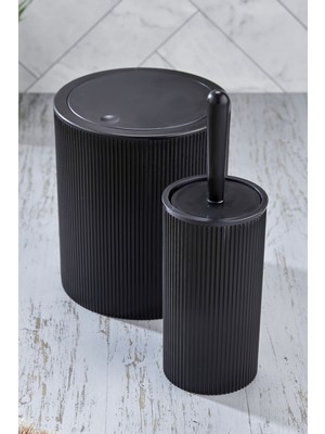 Şık Yuvarlak Banyo Seti Çöp Kovası ve Wc Fırçası, Siyah, 2 Parça