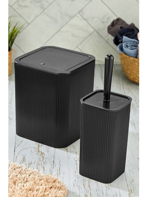 Kare Banyo Seti, Çöp Kovası ve Wc Fırçası, Siyah Renkli, Kullanışlı ve Şık Tasarım