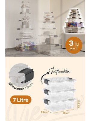 3'lü 7 Litre Kilitli Kapaklı Saklama Kutusu Beyaz Set