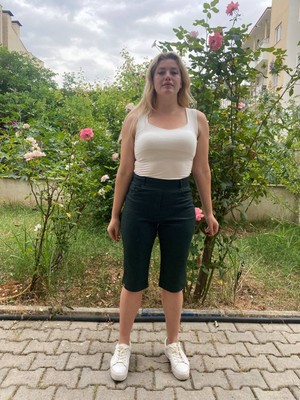 Büyük Beden Toparlayıcı Full Likralı Lastik Belli Bermuda Pamuklu Keten Kapri