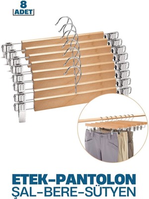 8'li Ahşap Etek, Pantolon ve Eşarp Kıskaçlı Askı Seti