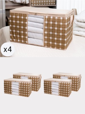 Büyük Boy Bej Kare Desenli Ekoseli Yastık Yorgan Düzenleyici Hurç Seti 75X40X40 cm