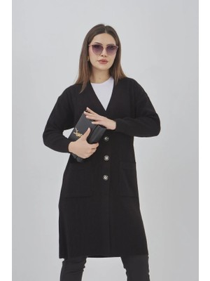 Kadın Uzun Triko Mevsimlik Cepli Düğmeli Likralı Hırka