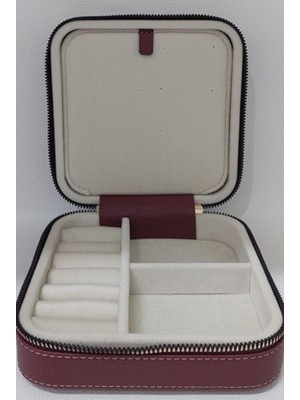 Bordo Orta Boy Takı ve Seyahat Kutusu, Ahşap ve Deri, 15X15 cm