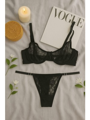 Siyah Dantel Transparan Sütyen String Takım