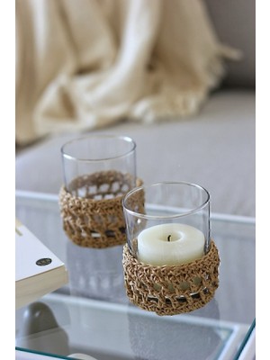 Iki'li Hasır Detaylı Sade Mumluk Takımı, Şık ve Doğal Dekorasyon Için Ideal