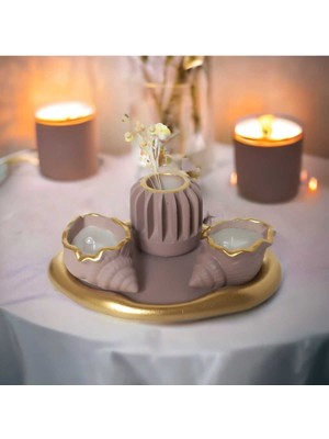 Altın Yaldızlı Deniz Kabuğu Tasarımlı Mumluk ve Biblo Seti, Şık ve Zarif Dekorasyon Parçası