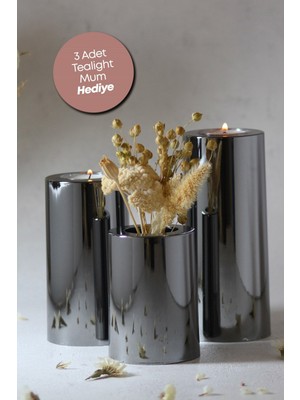 3'lü Füme Krom Parlak Yüzey Tealight Mumluk Seti, Şık ve Dekoratif Parıltı