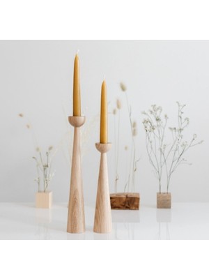 Natürel Ahşap Şamdan Çift Set, 20CM ve 25CM, Dekoratif Mumluk Takımı