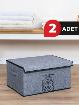 Gri Keçe Kapaklı Büyük Kutu, 47X37X24 Cm, 2 Adet Set