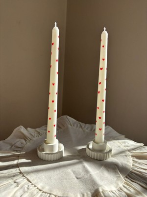 Iki Parçalı Kalpli Şamdan, Amber Kokulu, Soya Wax, Beyaz, Şık ve Zarif Dekorasyon.