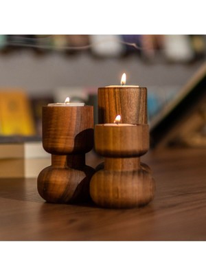 El Yapımı Üçlü Mumluk Seti, Koyu Kahverengi, Şık ve Doğal Dekorasyon.