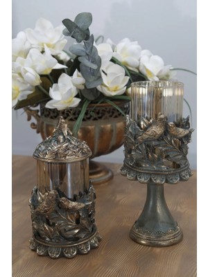 Ikili Kuş Figürlü Gold Eskitme Şamdan, Ayaklı ve Kapaklı 29-37 cm