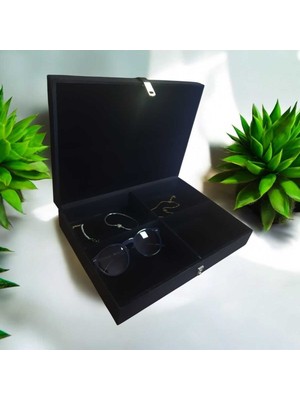 Dört Bölmeli Ahşap ve Deri Kaplamalı Şık Takı Kutusu, Siyah ve Yeşil Renk Seçenekleri