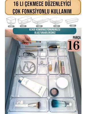16 Parça Şeffaf Çok Amaçlı Çekmece Iç Düzenleyici Makyaj Takı Ofis Mutfak