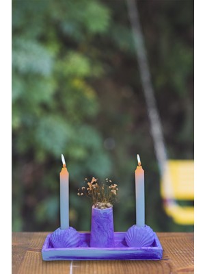 Mor Desenli Dikdörtgen Sunum Tepsisi, Vazo ve Midye Şamdan Seti, Şık ve Dekoratif Seçenek