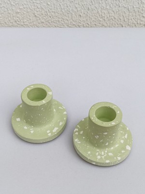 Iki Parçalı Terrazzo Dekoratif Şamdan, Yeşil ve Beyaz Renkler