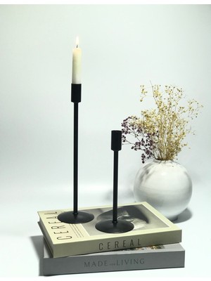 Şık 2'li Siyah Metal Çubuk Şamdan ve Mumluk Takımı