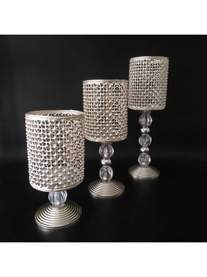 3'lü Salon Mumluk Seti, Şık ve Parlak Gümüş Tasarım