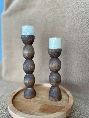 Ahşap Şamdan Mumluk, 2'li Ceviz Renkli, Şık ve Doğal Dekoratif Aksesuar