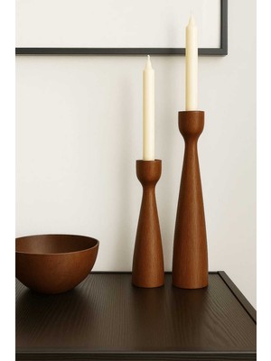 El Yapımı Ceviz Ahşap Şamdan Seti 2'li, Rustik Dekoratif Mumluk, 20 cm ve 17.5 cm