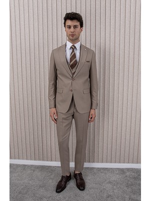 Erkek Likralı Slim Fit Sivri Yaka Yelekli Takım Elbise