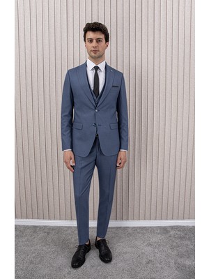 Erkek Likralı Slim Fit Sivri Yaka Yelekli Takım Elbise