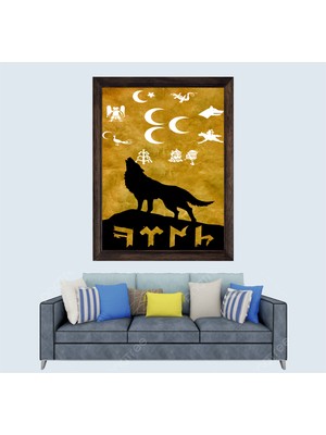 Türkçü Bozkurt ve Türk Devletleri Arması Çerçeveli Duvar Tablosu 20X30 cm