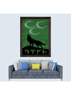 Türkçü Bozkurt ve 3 Hilal Çerçeveli Duvar Tablosu 20X30 cm