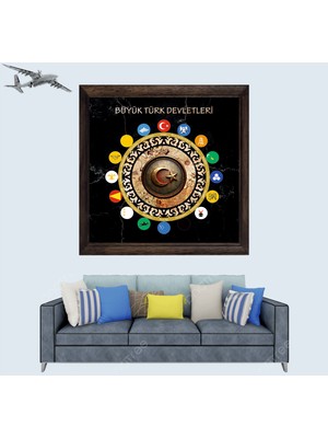 17 Büyük Türk Devletleri Arması, Özel Tasarım Çerçeveli Duvar Tablosu 20X30 cm