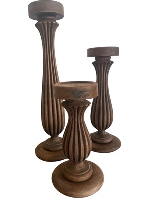 Ahşap 3’lü Şamdan, Şık ve Doğal Dekoratif Aksesuar, Kahverengi