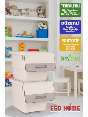 2'li Tekerlekli Çok Amaçlı Oyuncak Düzenleme Kutusu, 24 Lt, Kahverengi-Bej