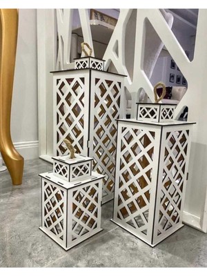 Beyaz Ahşap 3'lü Fener Mumluk Seti, Şık ve Zarif Dekorasyon Ürünü