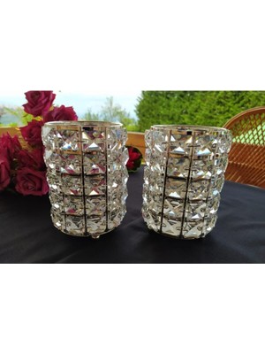 2'li Kristal Camlı Gümüş Renk Mumluk Seti, Şık ve Parlak Dekoratif Aksesuar