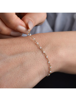 14 Ayar Altın Kaplama Doğal Ay Taşı  El Yapımı Gümüş Bileklik - CBS00134