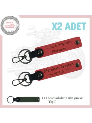 Motor Seven Sevgiliye Çok Özel Hediye, Isim ve Plaka Yazılı 2'li Anahtarlık, Nar Çiçeği-Yeşil