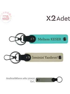 Anneye Yılbaşı Hediyesi, Isimli & Soyisimli 2’li Anahtarlık Hediye Takımı, Sütlü Kahve-Turkuaz-Gri