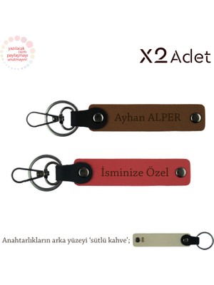 Öğrenciye Doğum Günü Jesti, Isim Yazılı 2’li Anahtarlık Hediye Takımı, Nar Çiçeği-Açık Kahve-S Kahve