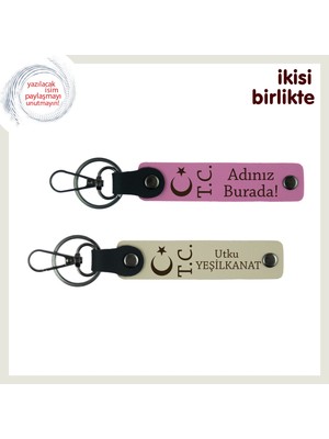 Sevgiline Ay Yıldız ve Tc Işığında Anlamlı Hediye – Kişiye Özel Anahtarlık Seti 2'li, Pembe-S Kahve