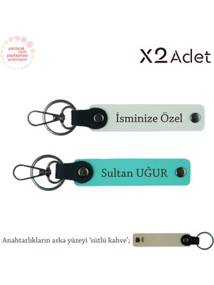 Kız Kardeşe Anlamlı Hediye, Isim Yazılı 2’li Anahtarlık Seti, Beyaz-Turkuaz-Sütlü Kahve